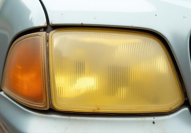 Faro anteriore di un'auto opacizzato e ingiallito dal tempo e dagli agenti atmosferici