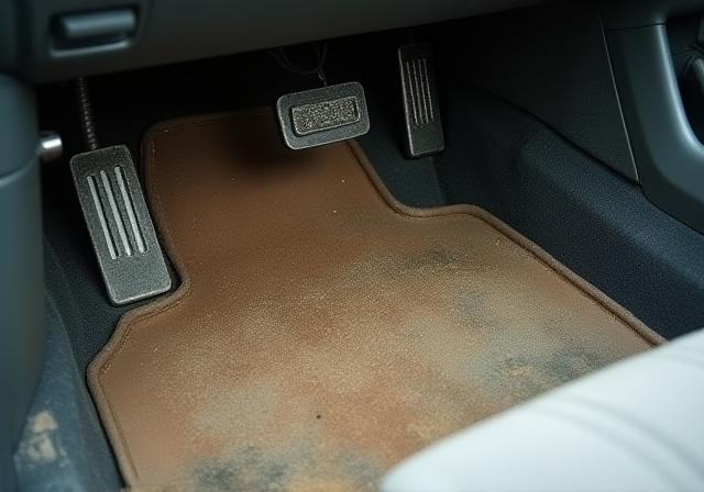 Interni di un'auto sporchi prima del detailing, con tappetini macchiati e polvere