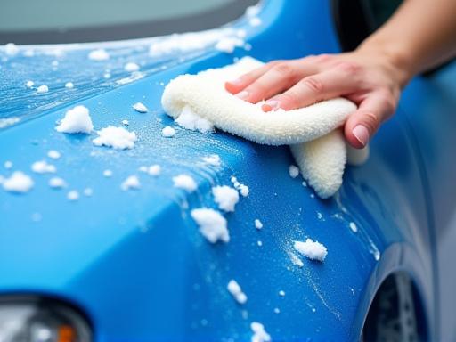 Dettaglio di un lavaggio a mano su una carrozzeria blu